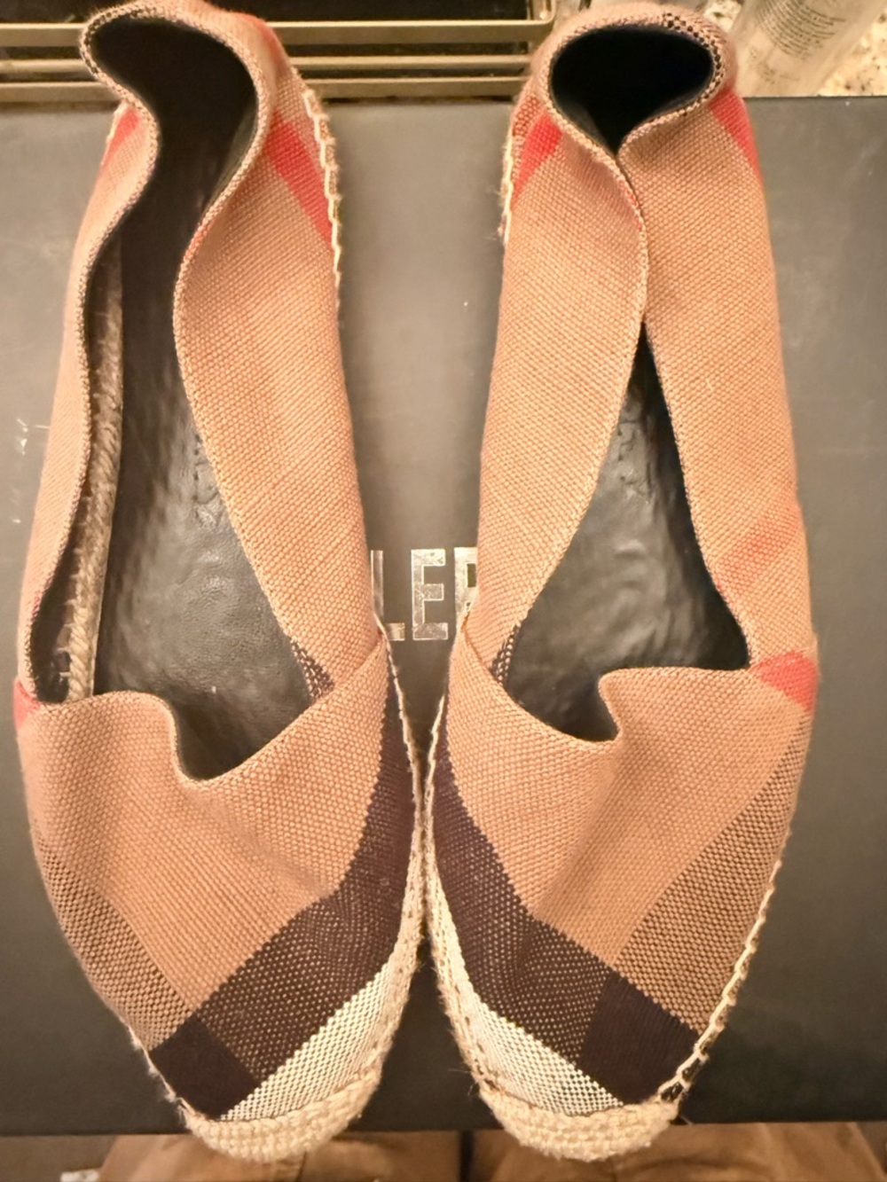 Burberry Tan, Brown & Cream Check Espadrille Flats with Red Accents